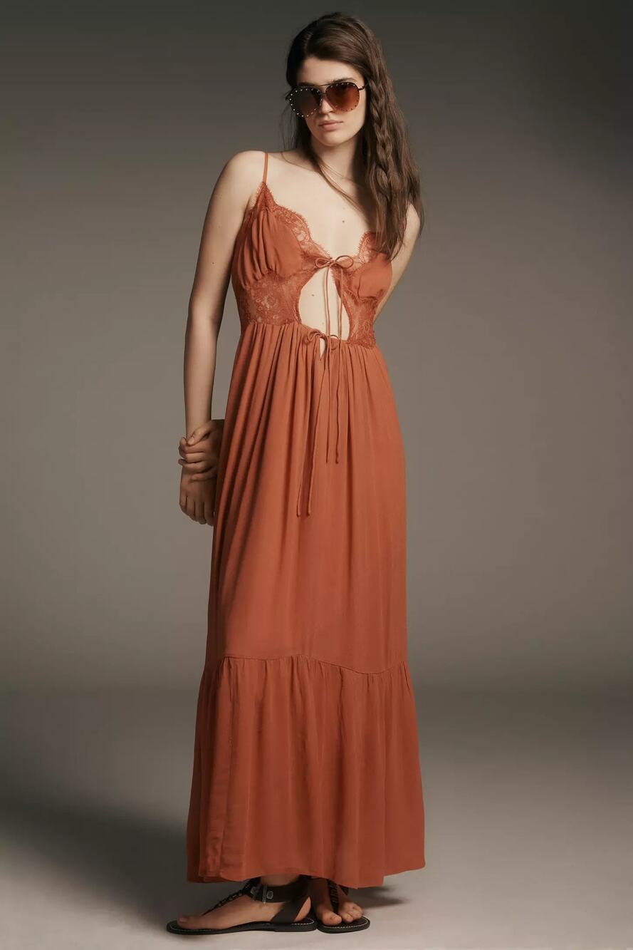 New Anthropologie Let Me Be Sleeveless Cutout Maxi Slip Dress $168 Small Red